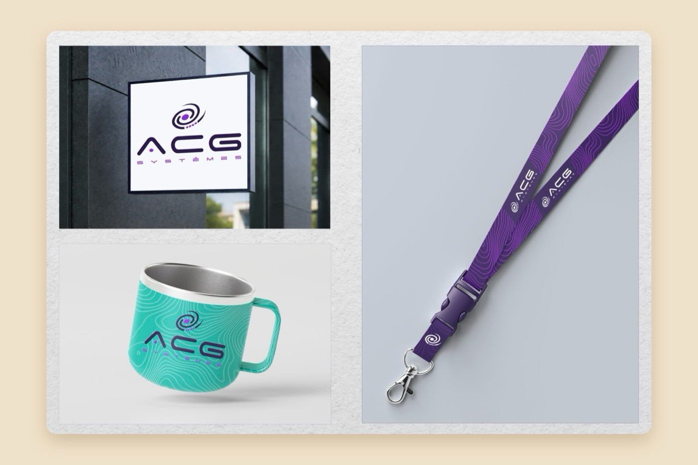 Identité ACG Systèmes appliquée : enseigne murale, mug turquoise à motif topographique et tour de cou violet